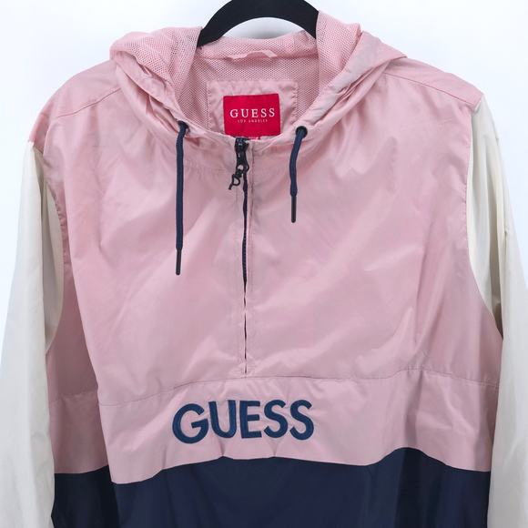 Guess Mens Colorblock Hooded Half Zip Pullover Windbreaker Zipper Front Pocket L - Picture 2 of 13